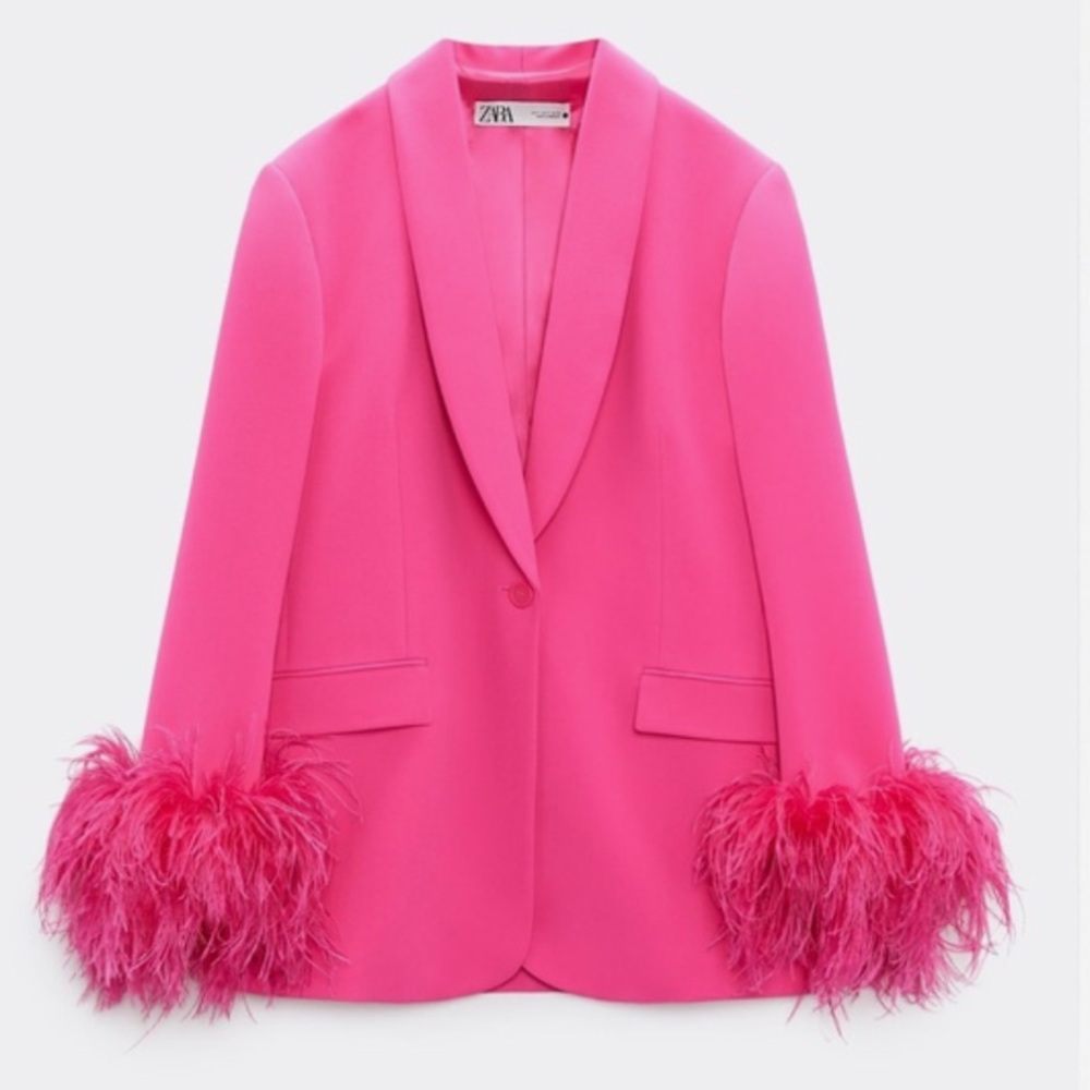 Zara Pink Straight Fully Lined Blazer with Feathers Cuffs - Worn Once